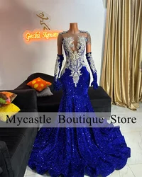 Luxury Royal Blue Sequin Prom Dresses 2024 Crystal Beading Tassels With Gloves Elegant Party Dress Mermaid African Evening Dres