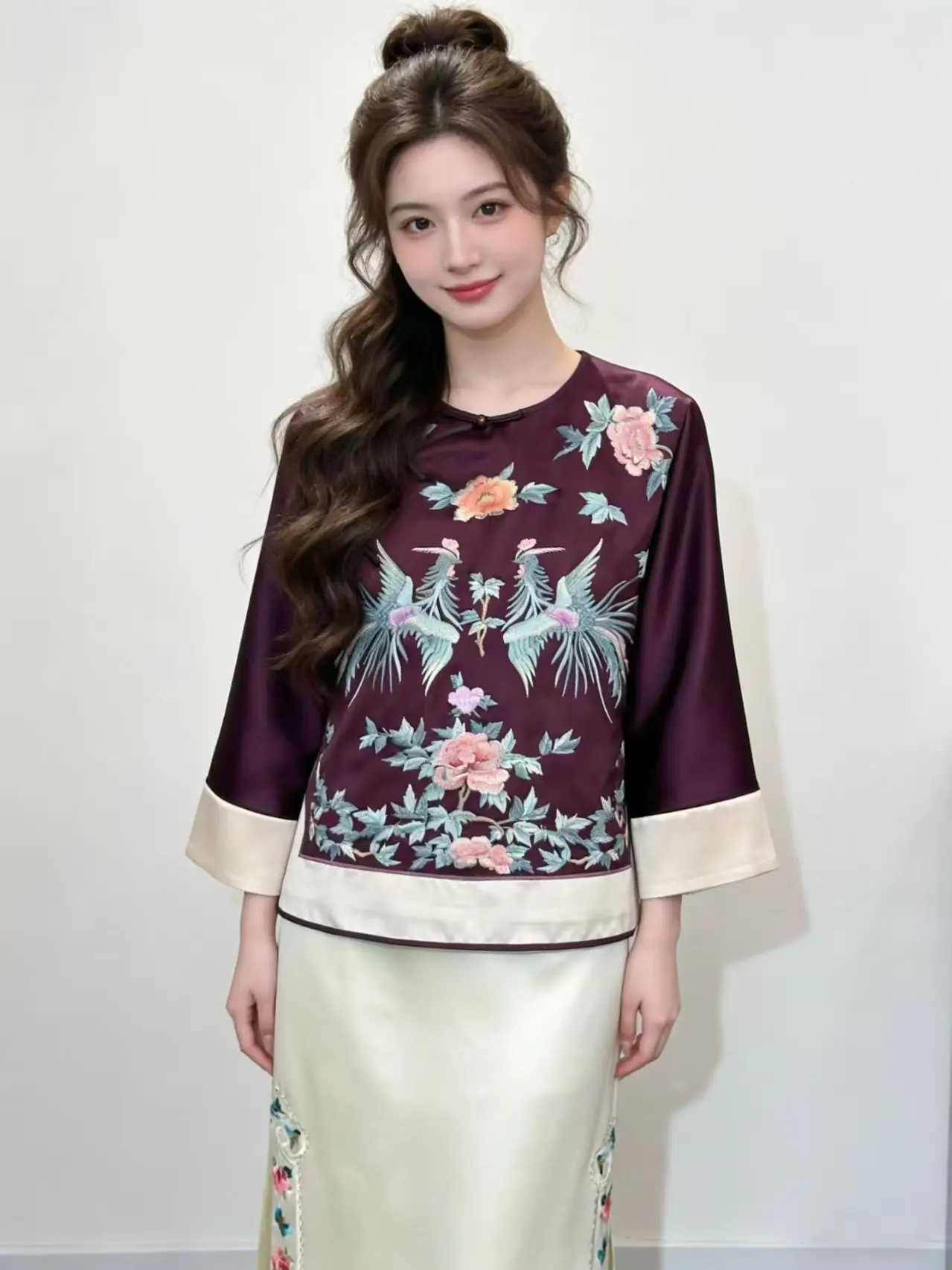 Spring New Chinese Style O-Neck Acetate Fabric Embroidered Phoenix Peony +Contrasting Color Cuffs Elegant Women's Jacket S-XXL