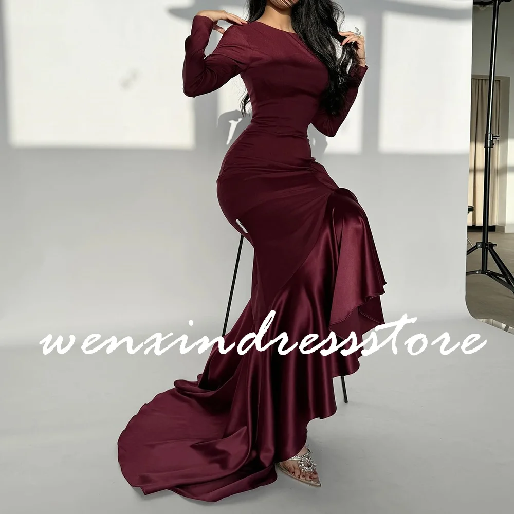 Long Sleeves Satin Straight O-neck Burgundy Floor Length Evening Dress Elegant Pleats Court Train Bespoke Occasion Gowns Formal