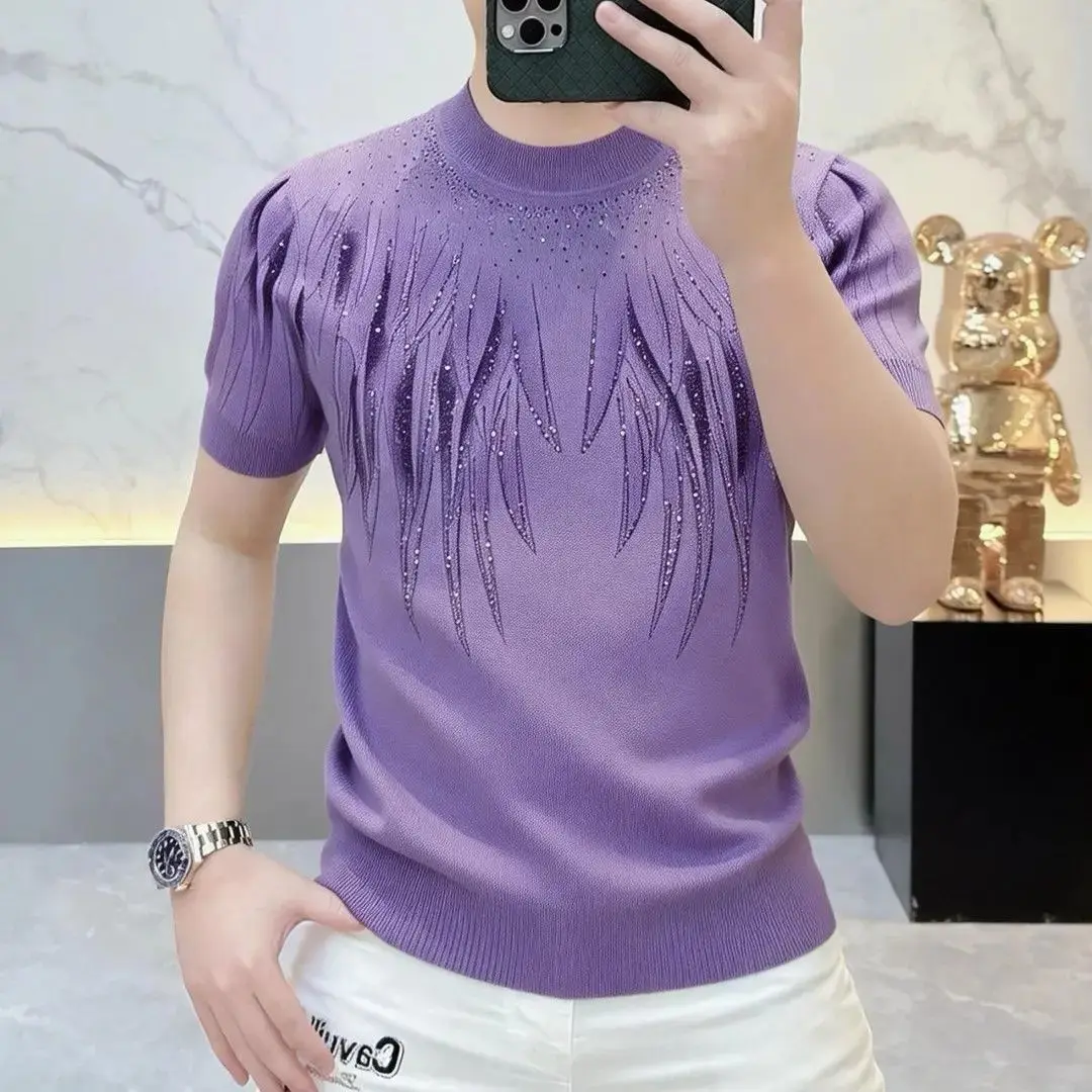 

Модная мужская трикотажная футболка Slim Fit с круглым вырезом и коротким рукавом, универсальная, с алмазной отделкой, весна-лето, новинка