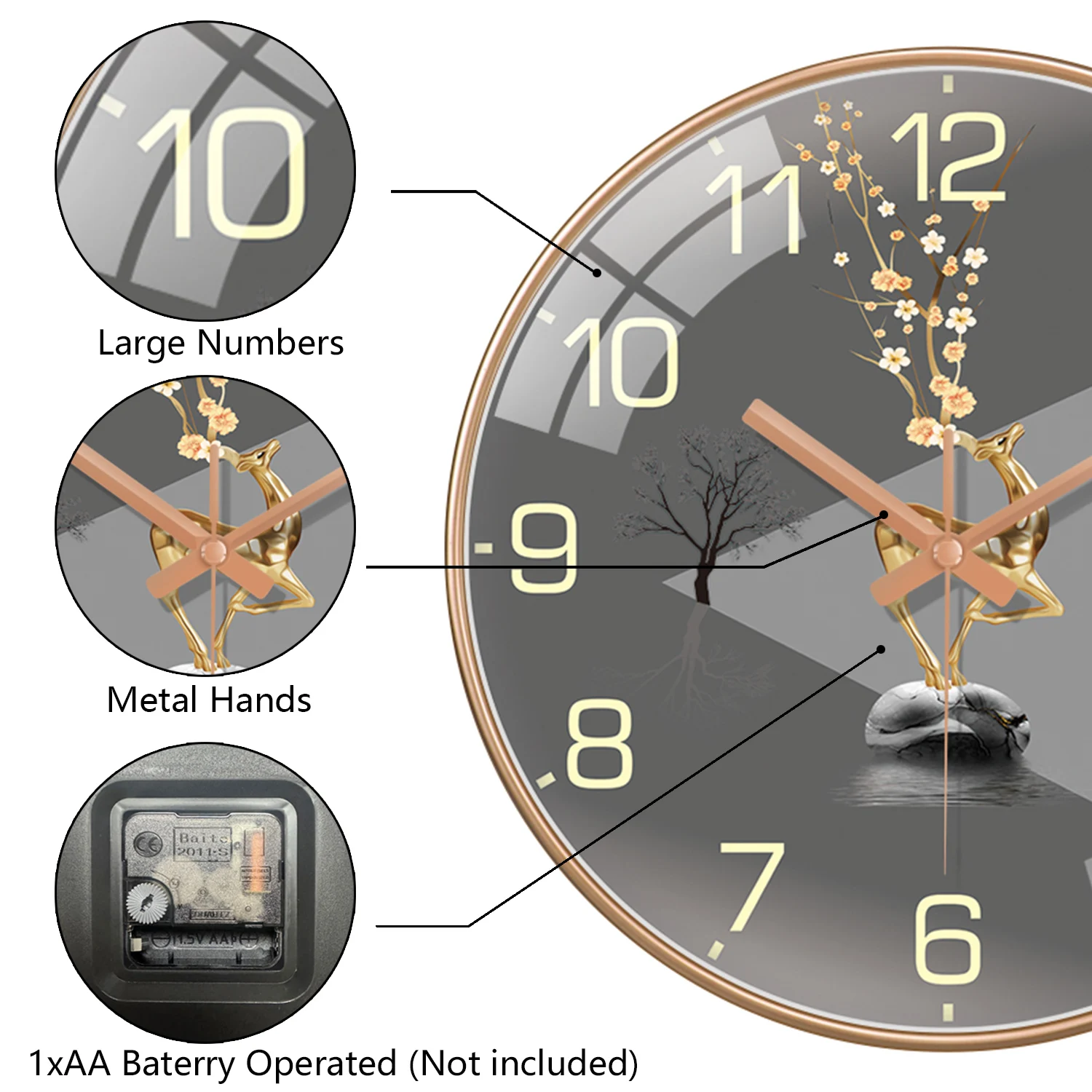 ساعة حائط أنيقة لتزيين الغزلان بإطار ذهبي ديكور فني حديث لغرفة المعيشة وغرفة النوم والمكتب ساعة تناظرية شمالية عتيقة #3