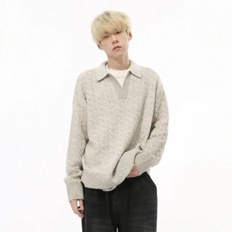 SYUHGFA Autumn Winter Fake Two Pieces Knit Pullover Sweater Men Turn Down Collar Niche Design Loose Casual 2024 Fashion Sweaters