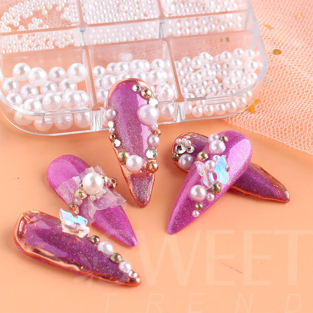 3d pérola decorações da arte do prego branco roxo redondo prego ouro contas de aço bolas jóias cristal strass diy manicure LY6ZZ01-17