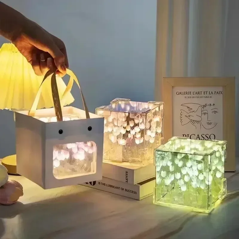 DIY Handmade Tulip Mirror Cube Lamp Simulation Flower Bedroom Sleeping Table Lamp Craft Tulips Mirror Night Light Birthday Gift