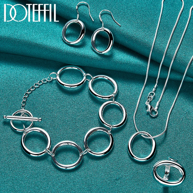 DOTEFFIL 4 Uds. De Plata de Ley 925, círculo redondo, collar, pulsera, pendiente, anillo, conjunto para mujer, hombre, joyería de moda de boda