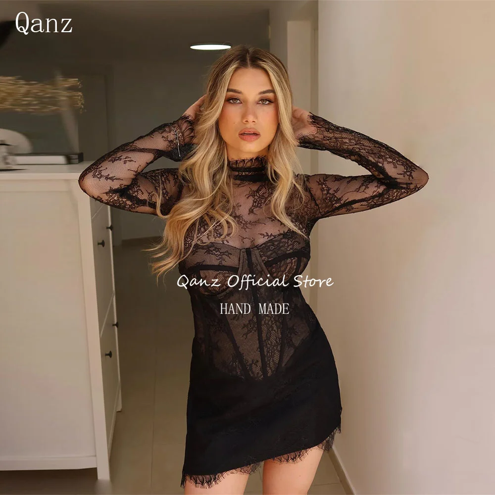 

Qanz Sexy Lace Party Dress Long Sleeves Black Prom Dresses Elegant Evening Gown Mini Illusion Vestidos De Fiesta Customized