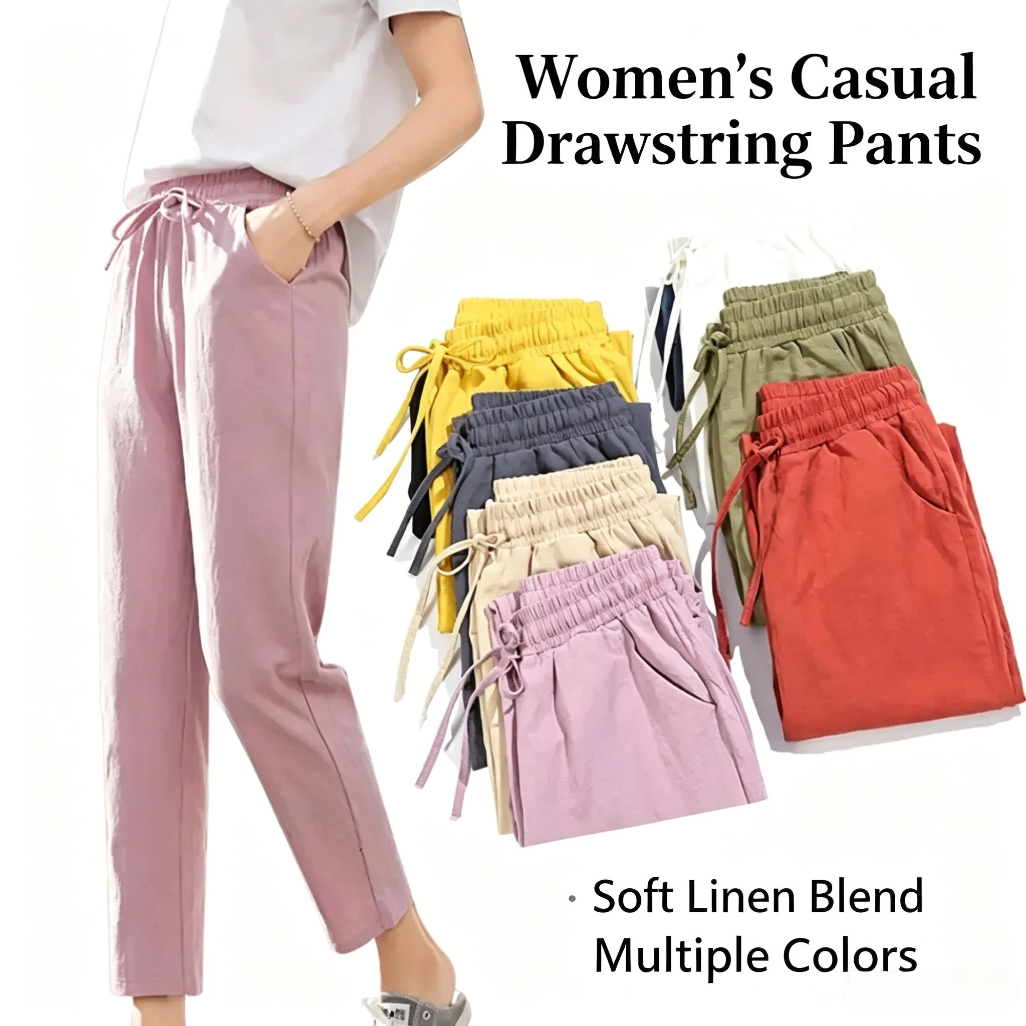 Womens Spring Summer Pants Cotton Linen Solid Elastic waist Candy Colors Harem Trousers Soft high quality for Female ladys S-XXL