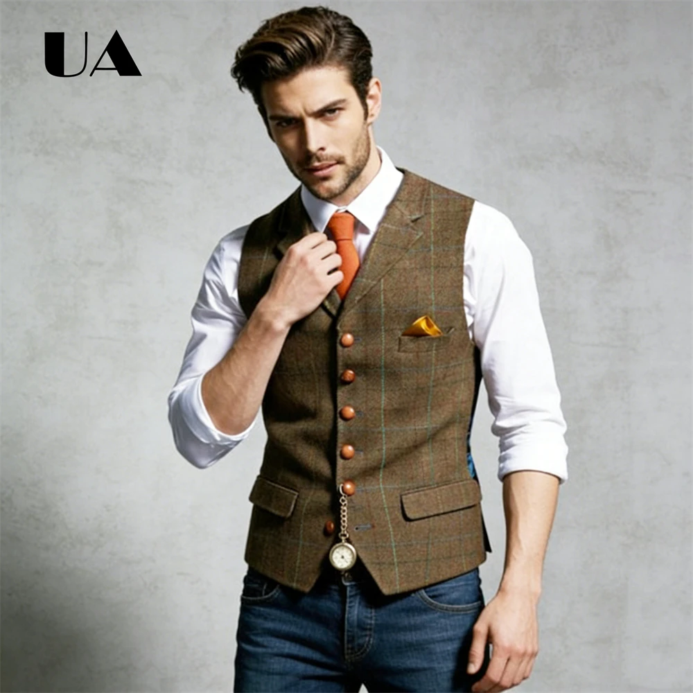 

Single Row Business Waistcoat Peak Lapel Plus Size Plaid Formal Suit Vest, Wedding Guest Groom Vest