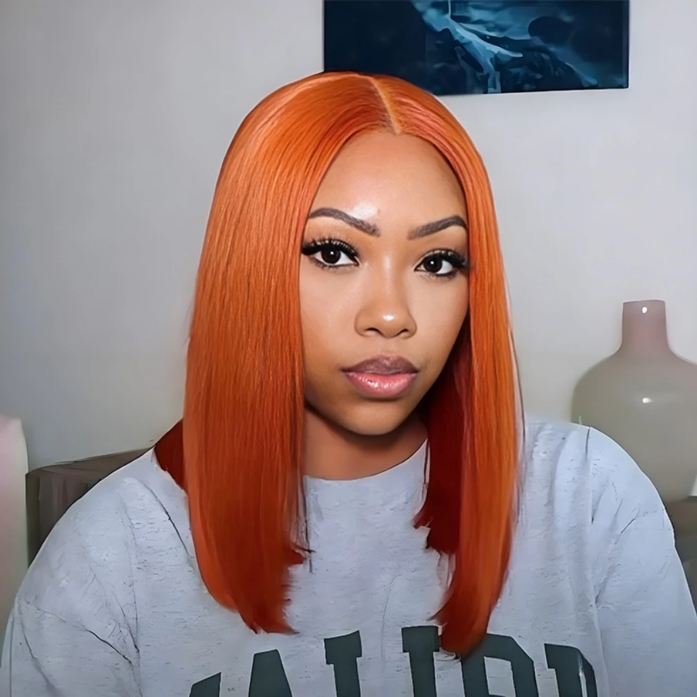 

Ginger Orange Colored 13x4 Transparent Lace Front Human Hair Bob Wigs for Women Straight Human Hair Remy Hair Christmas W