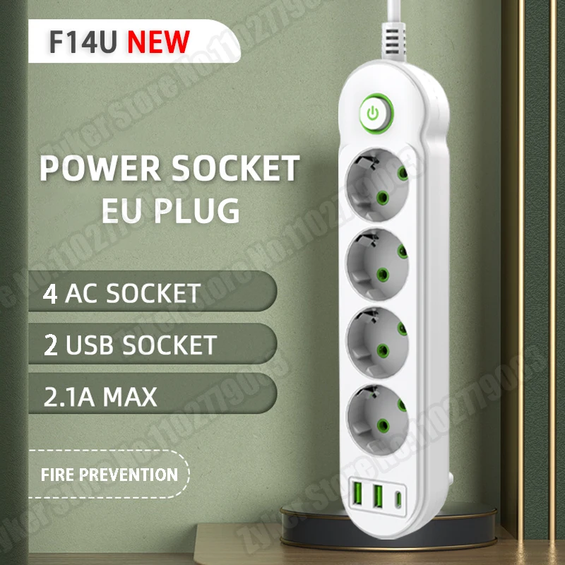 NEW F09 F14U F16U EU Plug AC Outlet Smart Power Strip Multiprise Extension Cord Electrical Socket Network Filter With USB Type C