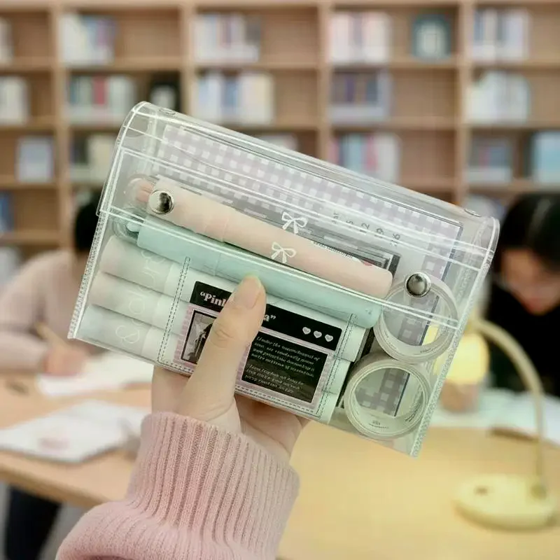 PVC Transparent Button Pencil Case Large Capacity Vertical Simple Ins Style Student Desktop Finishing Niche Stationery Storage