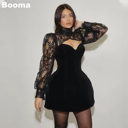 Booma Black Mini Velour Prom Dresses Lace Long Sleeves Cocktail Dress for Women Elegant Simple Homecoming Party Gowns