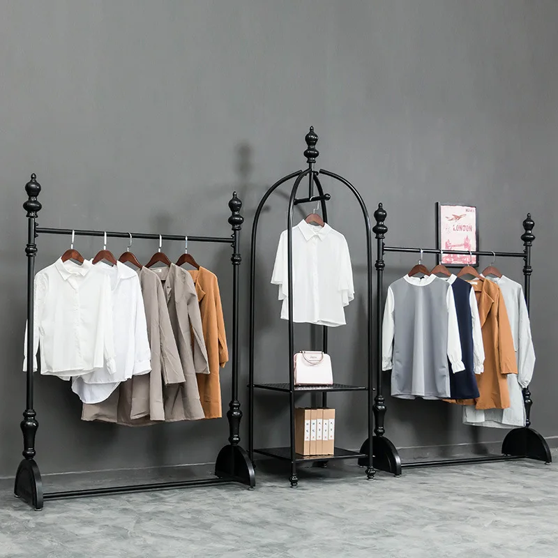 

New vintage clothing store display rack, clothesrack, floor-standing wall-mounted side-hanging children's and women's clothing