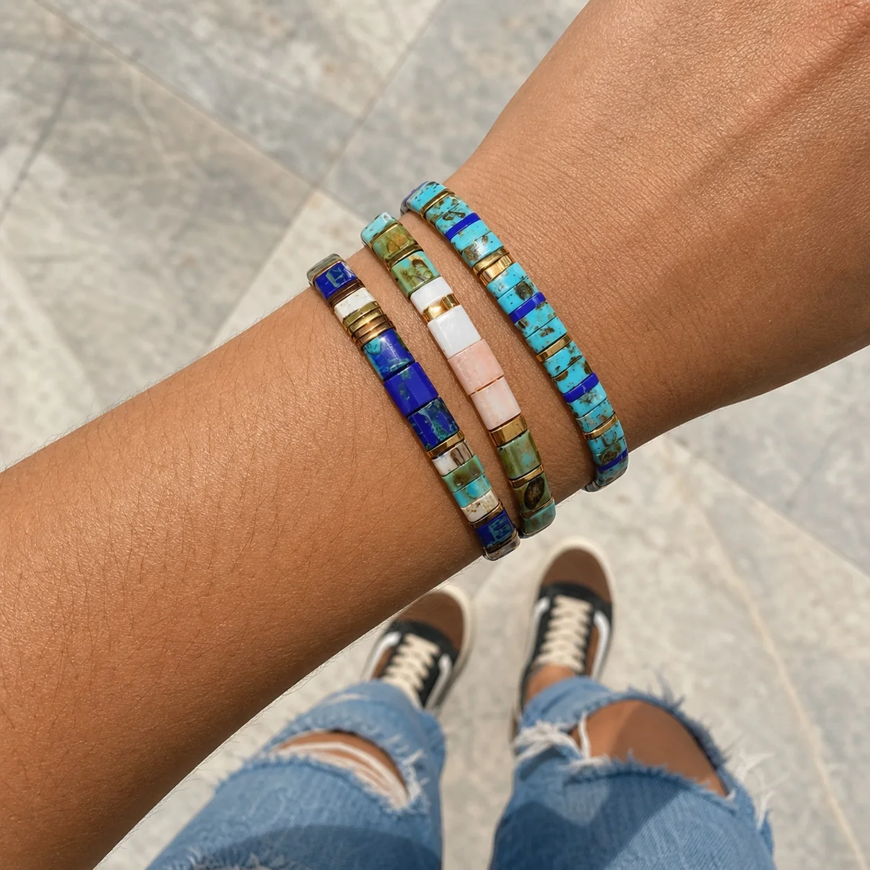 3pcs Colorful Glass Tile Beaded String Bracelet for Women Boho Geometric Stackable Layered Look Wristband Beach Style