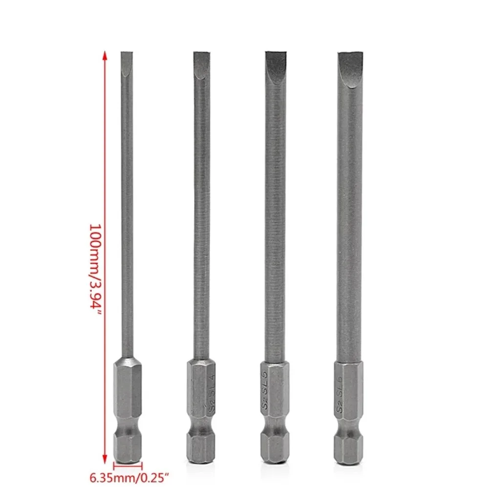 4Pcs 100mm Slotted Screwdriver Bit S2 Alloy Steel Magnetic Screwdriver Drill Bit Set 1/4\