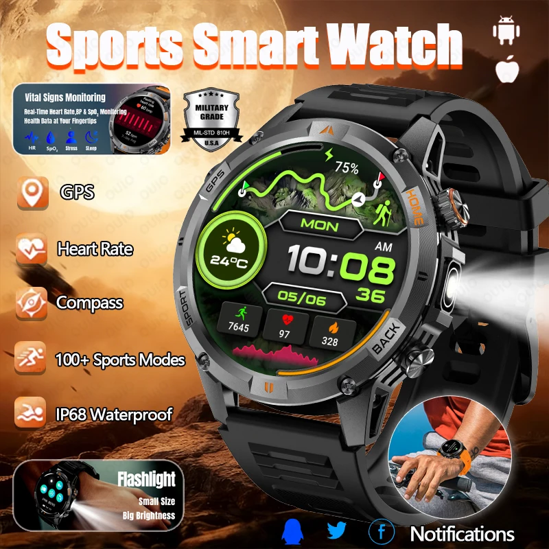 

Новые спортивные умные часы с GPS, компасом, светодиодным фонариком, аккумулятором 580 мАч, водонепроницаемостью IP68, 100+ спортивными режимами, Bluetooth-звонками, мужские умные часы