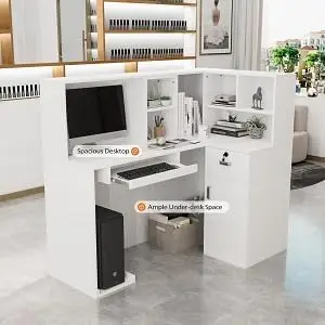 Modern Reception Desk, L-Shaped Front Desk with Moveable Shelves and Lockable Drawers, Retail Checkout Counter Table, for Lobby