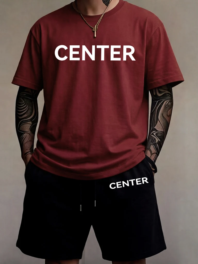 

Center Letter Design Cotton Basics Short Sleeve New In Men'S Set Breathable Daily Fashion Tee Shirts Casual Summer Sweatpants