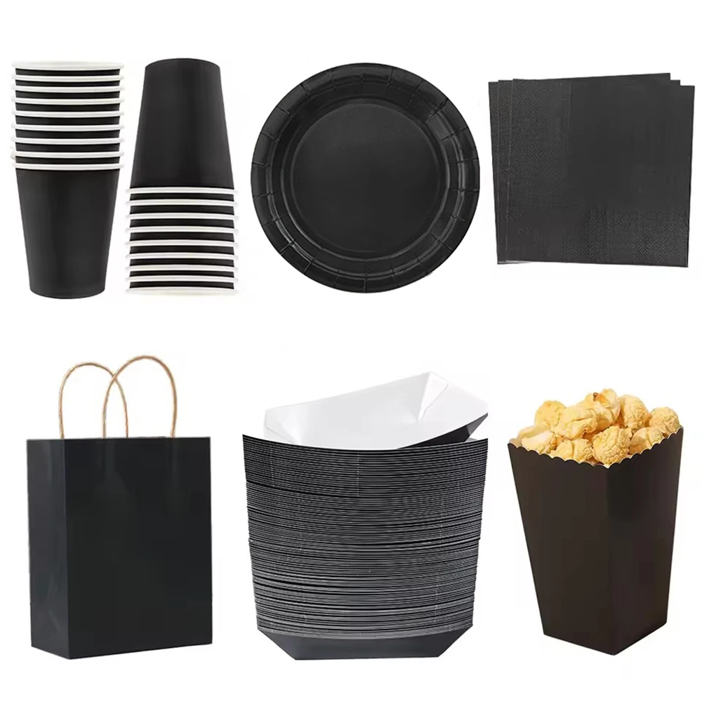 Solides schwarzes Thema, Einweggeschirr, Geburtstagsparty-Dekorationen, Teller, Servietten, Tassen, Tablett, Geschenktüte, Gabel, Löffel, Partyzubehör