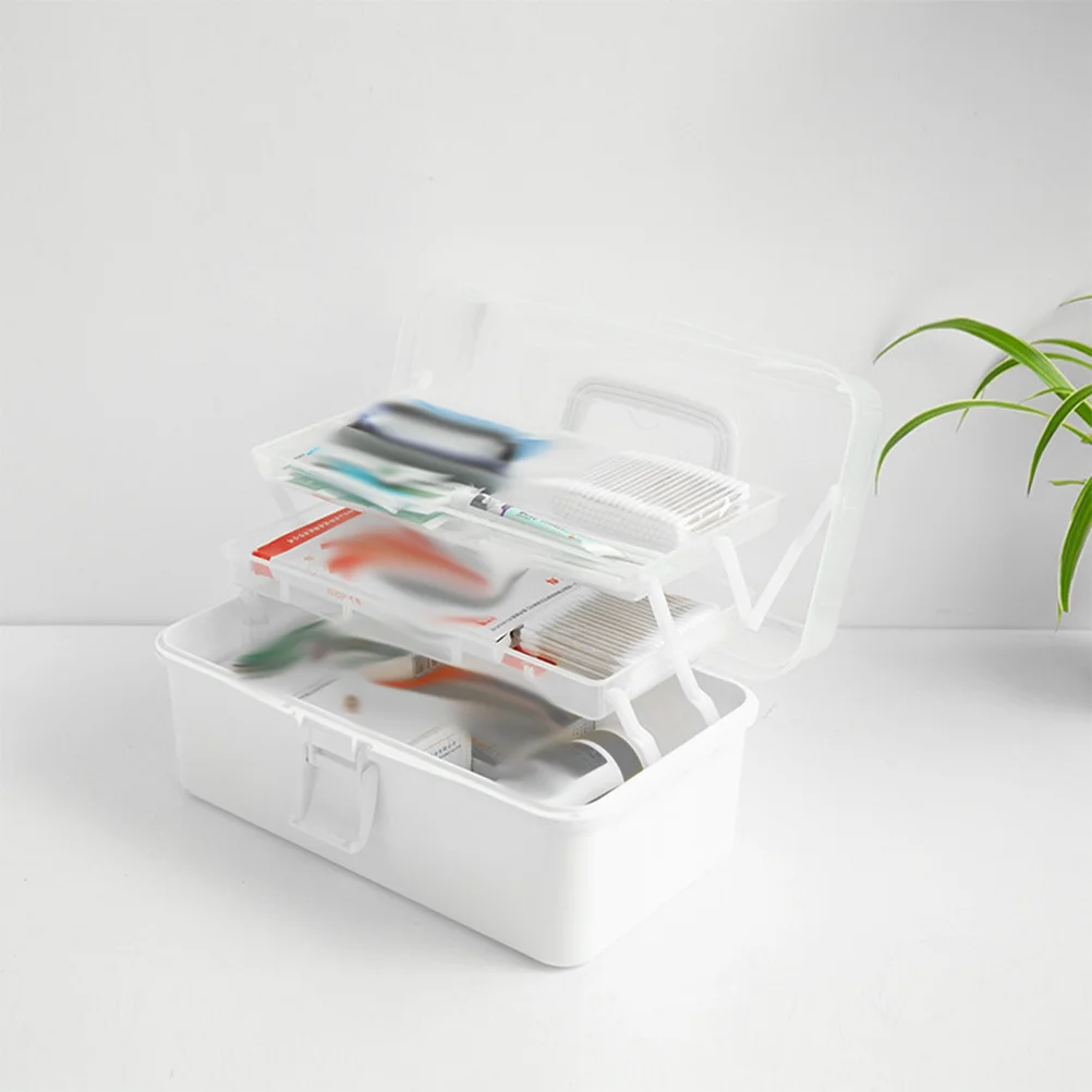 First Aid Medical Box with Transparent Cover 3 Layer Large Capacity 180 Degree Rotation Holder Portable Storage Box Size L White