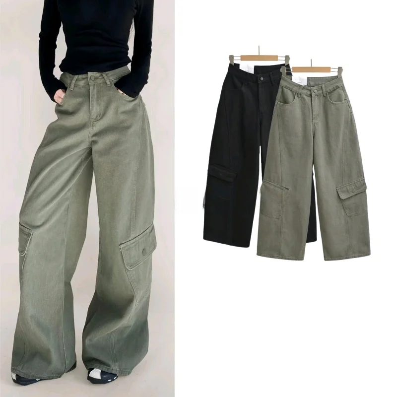 

Spring New Women's Loose Fit Slimming Zipper Low Waist Wide Leg Workwear Denim Trousers Flexible Polyester Fiber Button Closure