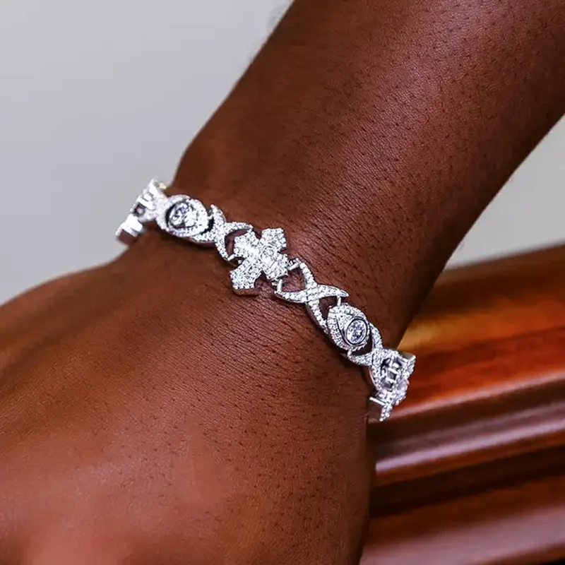 

2024 New Bling CZ Evil Eye Infinity Cross Charm Cuban Chain Bracelet Prong Setting Cubic Zirconia Iced Out Hip Hop Jewelry