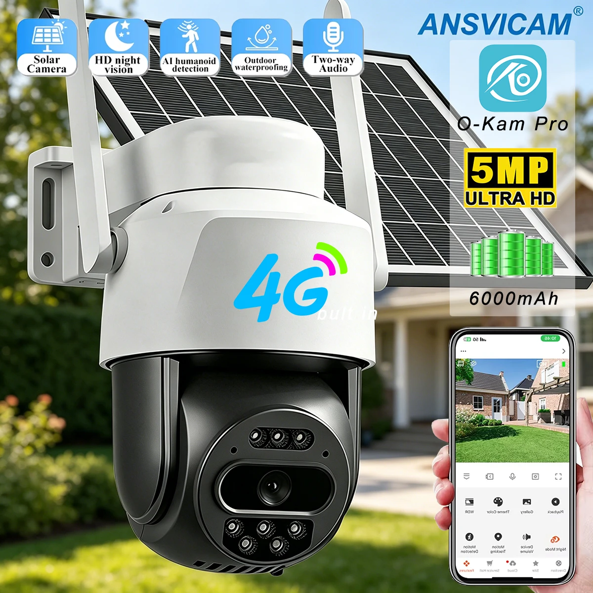 

4G Solar Security Camera 5MP Outdoor Battery Powered IP Cam with Color Night Vision, PIR Motion Detection IP66 Waterproof