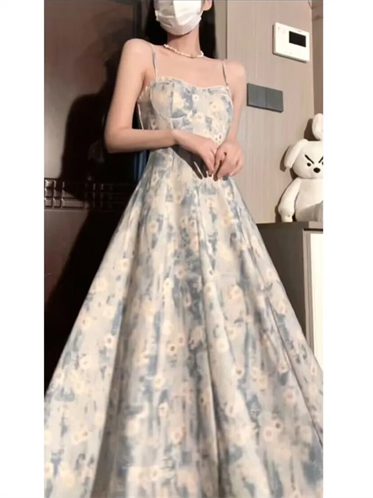 

Ele Blue Floral Print Maxi Dr Women's Summer 2026 New Beach Vaion Beachy Long Dr Korean Sle High Waist Zipper