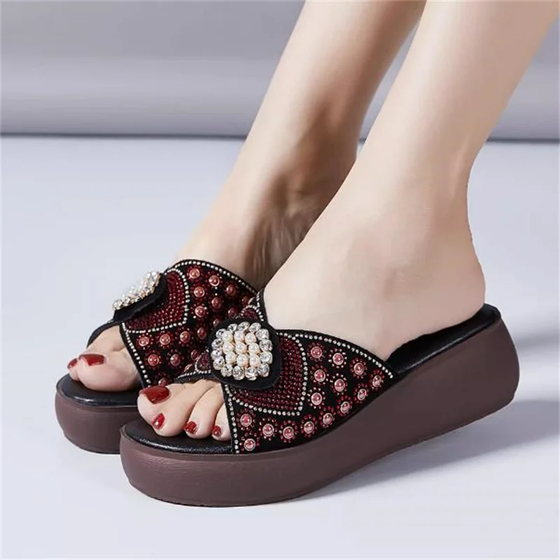 Women sandals Ladies Summer Slippers Shoes Women High Heels Fashion Rhinestone Summer Shoes Genuine Leather size 35--40