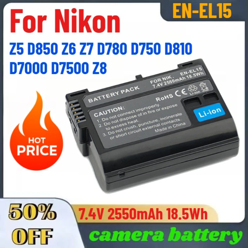 7.4V 2550mAh 18.5Wh EN-EL15 High-Quality Digital Battery For Nikon Z5 D850 Z6 Z7 D780 D750 D810 D7000 D7500 Z8 Camera