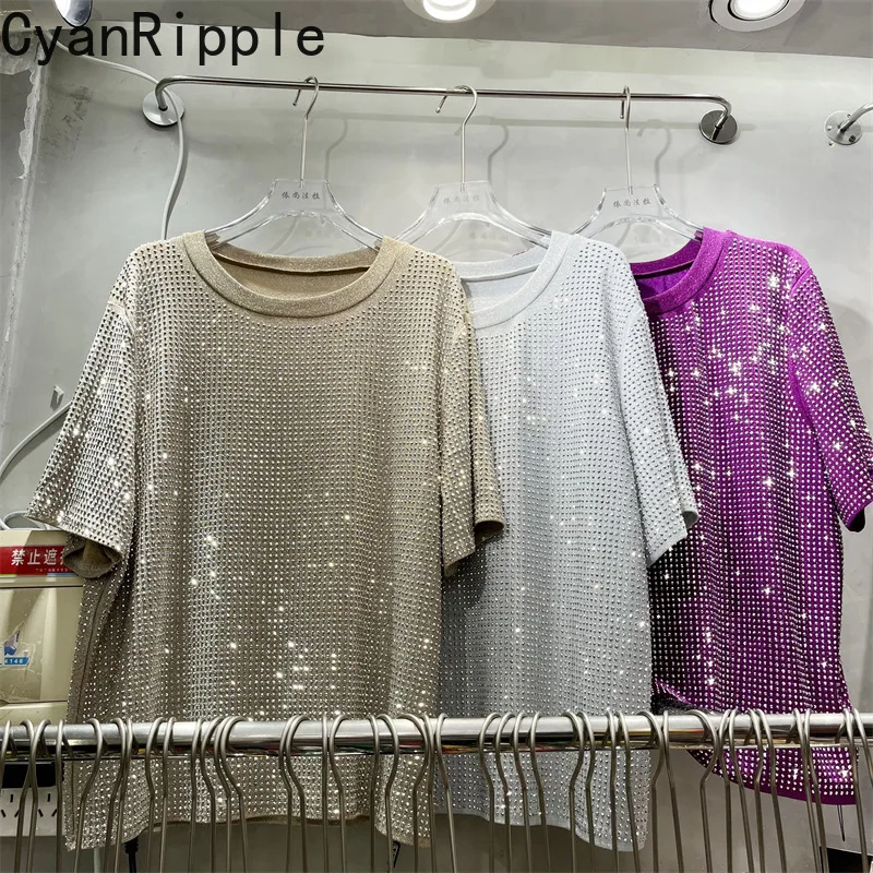 2026 New Summer Shiny Hot Diamonds Women T-shirt Round Neck Pullover Top Solid Color All-match Loose Short Sleeve Casual Tees