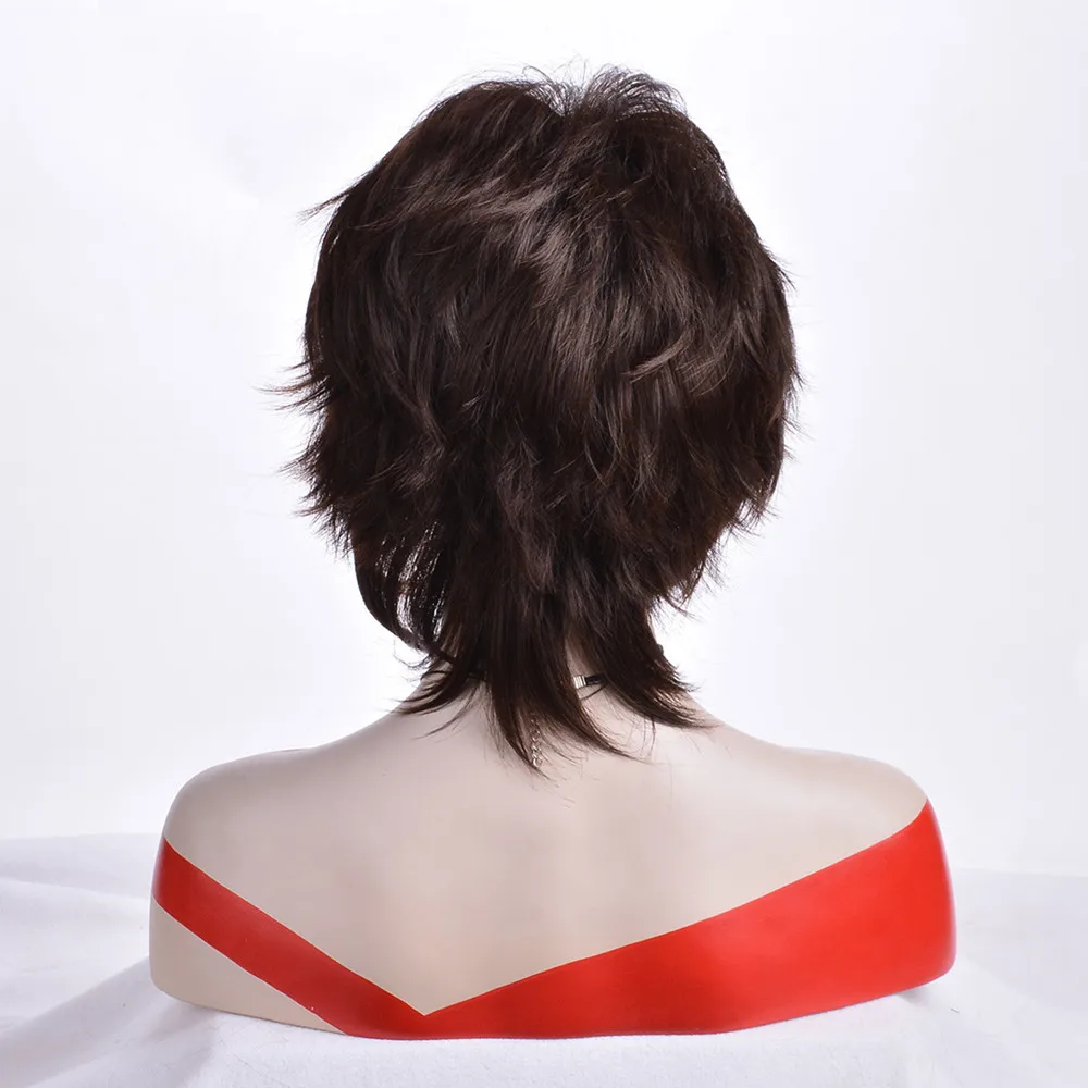 شعر مستعار قصير بمظهر طبيعي للنساء بني داكن مع غرة شعر صناعي مقاوم للحرارة #5