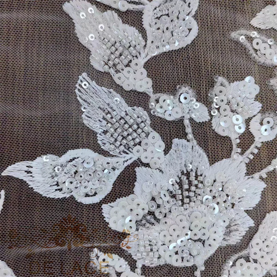 RX High Quality Flower Embroidered Lace WIth Shining Sequins and Beaded Hot Sale Wedding Dress Lace Fabric