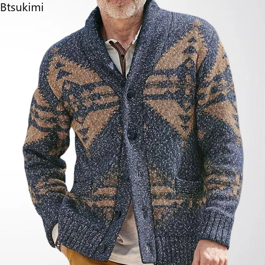 

Мужской вязаный кардиган-свитер 2026 года, винтажный жаккардовый, с длинным рукавом, отложным воротником, повседневный трикотажный жакет для мужчин