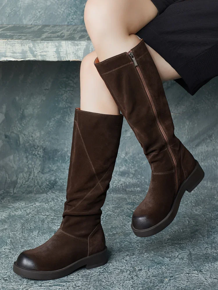 Knee High Boots Leather Shoes Women Coffee Soft Low Heels Ladies Handmade Genuine Leather Women Knight Boots Sale For Brand