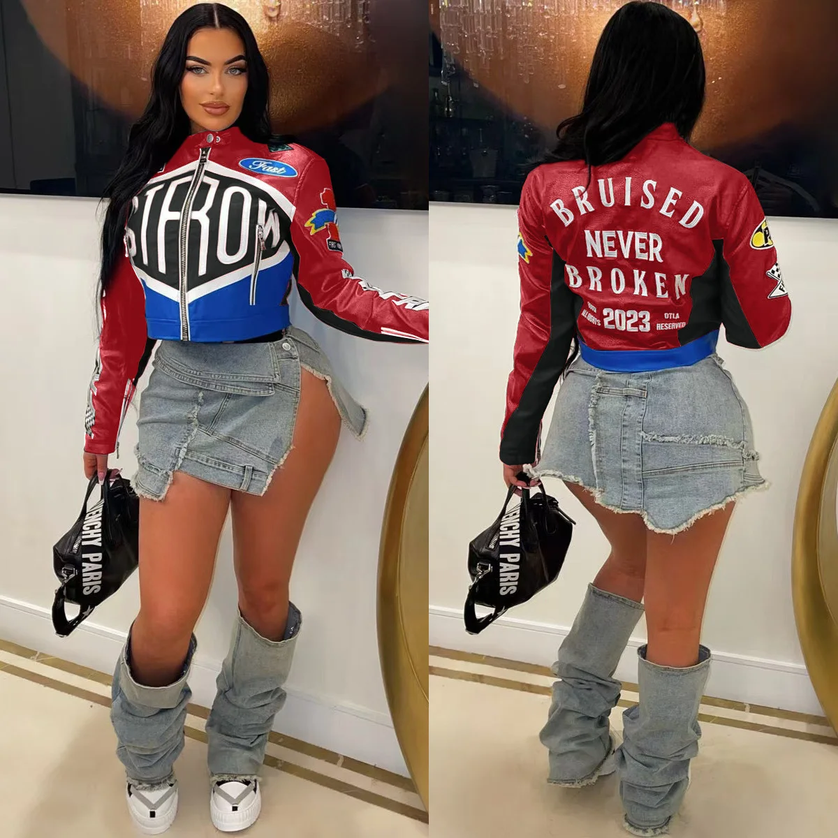 Printed Cyber Racer Jackets Women Fashion Coats Y2K Streetwear 2024 Winter Fall Clothing Elegant Jackets Crop Coats