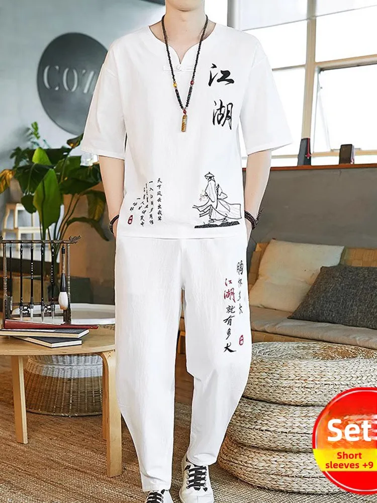 

Summer Cotton Linen Short Sleeve T-Shirt Men's Set Embroidered Loose plus Size Hanfu Casual Sportswear Youth Nine Point Pants
