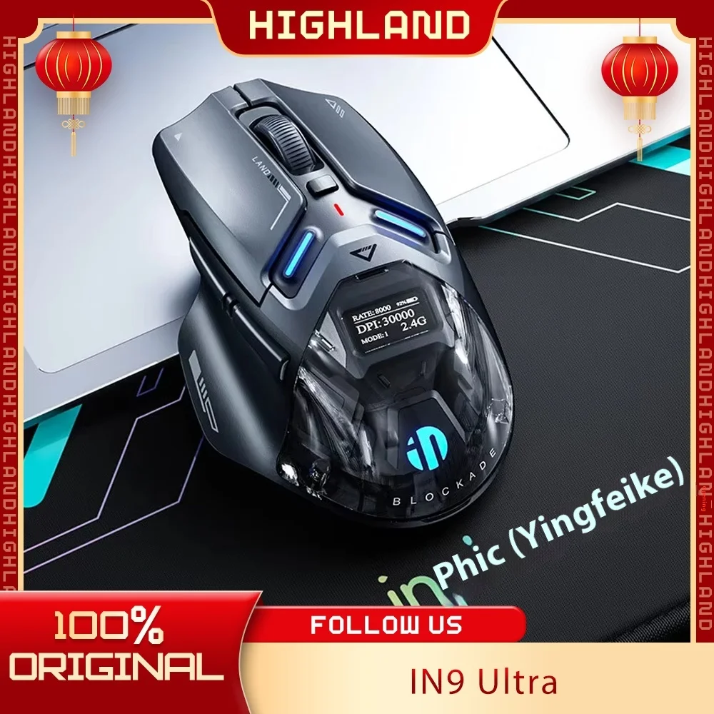 

INPHIC IN9 Ultra Three Mode Wireless Gaming Mouse PAW3950 OLED Screen long endurance Right hand ergonomic Nano 8K 800mah Gift PC