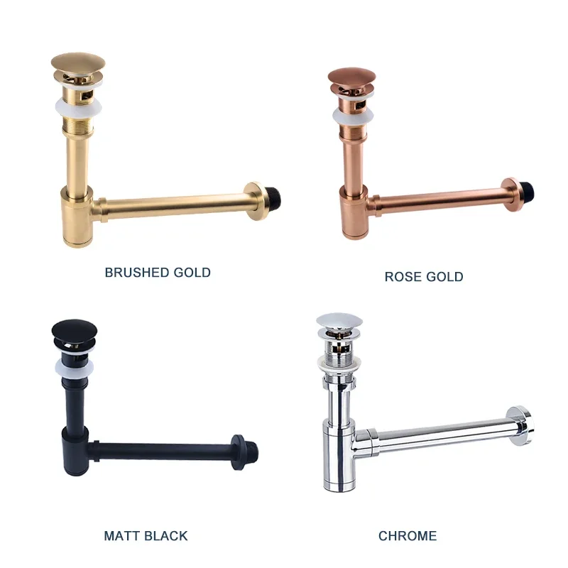 Bathroom Siphon Sink Drain Pipe Brass Deodorization Waste Bottle Trap Black Brushed Gold Chrome Pop Up Drain Stopper Rose Gold