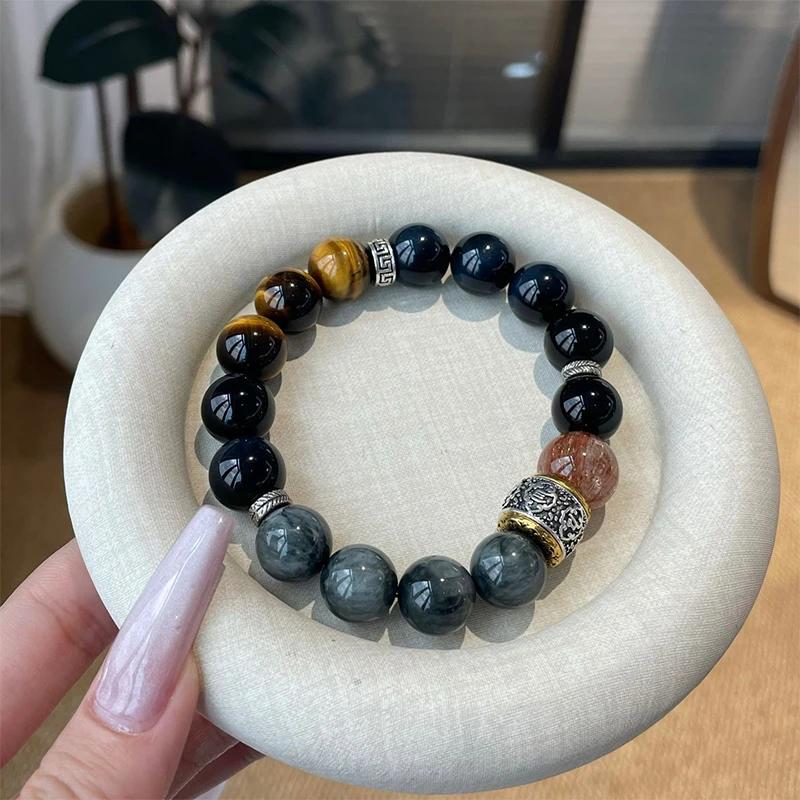 12mm Natural Yellow Tiger Eye Stone Transfer Bead Bracelet with Natural Lightning Pattern, Fashionable and Cool Unisex Bracelet