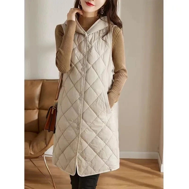 

Lightweight Down Cotton Vest Women's Autumn/Winter Warm Puffer Coat Waistcoat Hooded Sleeveless Jacket Long Female New Outerwear