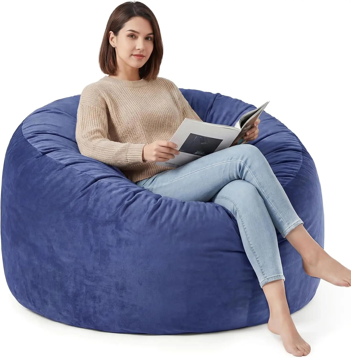 

Большое кресло-мешок 4FT с наполнителем из пены с эффектом памяти и моющимся велюровым чехлом, плюшевый диван для гостиной, спальни, игровой комнаты - синий