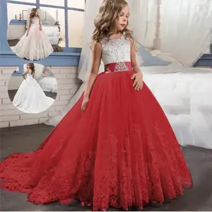 Vestidos Rojos elegantes para ninas vestido de novia de cola larga esponjoso vestido de primera comunion encaje sin mangas Vestido largo de noche AliExpress 1501