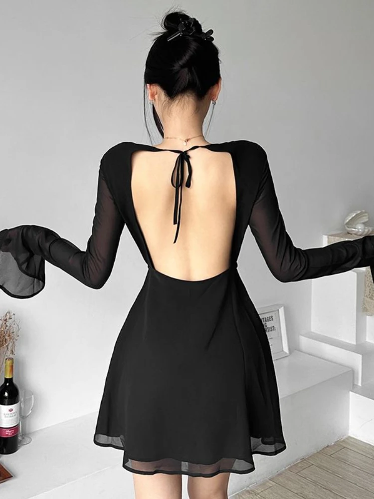 HOUZHOU Backless Black Dress Women Elegant Back Hollow Out Lace-up Long Sleeve Mesh Sheer Sexy A-line Mini Dress Evening Party