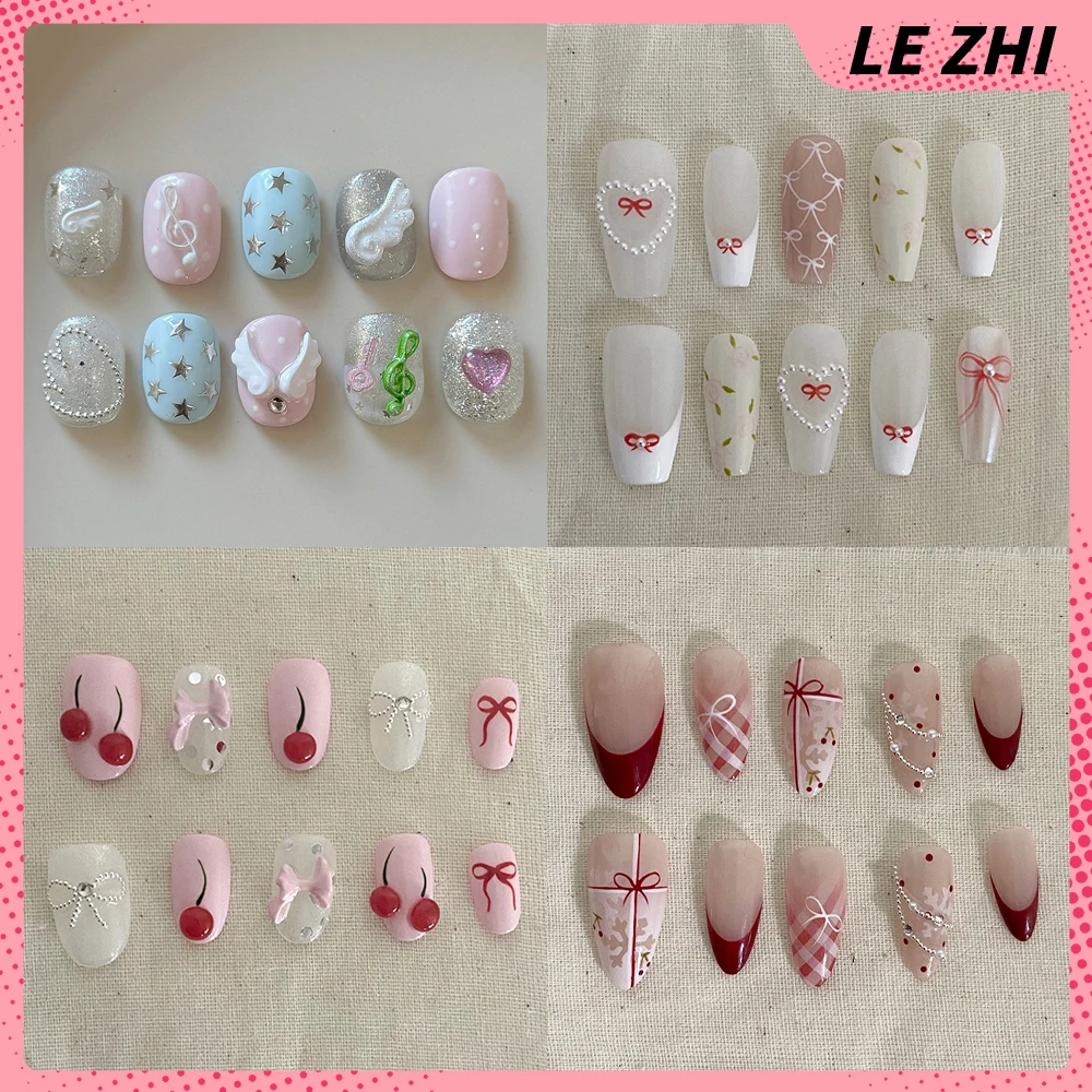 لطيف قصيرة الأظافر كاذبة الوردي الكرز القوس الجناح ندفة الثلج القوس تصميم رسمت باليد الزهور اللؤلؤ الحيوانات الأظافر كاذبة مخصصة