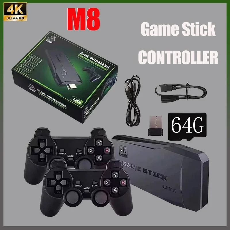 

M8 Game Stick 2.4G Wireless Controller 4K 10000 Games 64GB Retro Console Portable Gaming Device for Xmas Gift Dropshipping