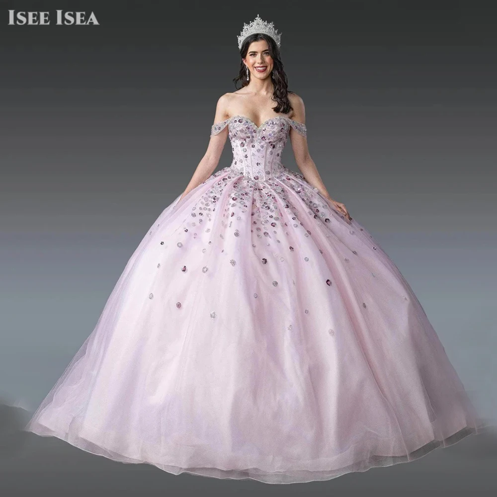 

Quinceanera Dresses For Gril Off the Shoulder Ball Gown Beading Shiny Beaded Floral Sequins Princess Prom Dress Customized