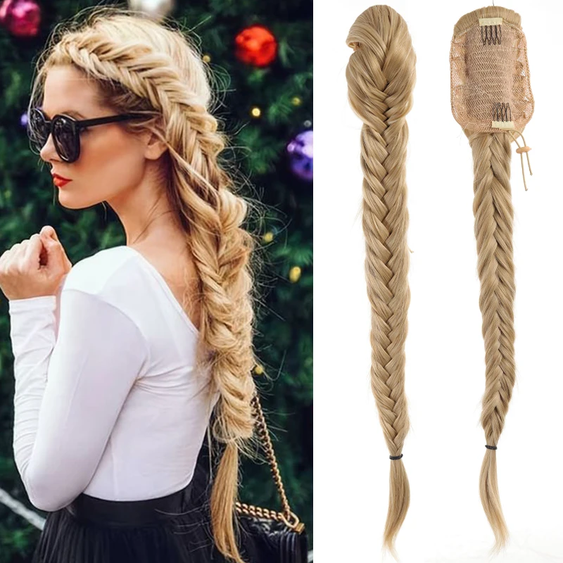 Fishbone Braid Ponytail Extensions Curly Wavy Drawstring Braiding Ponytail Synthetic Hairpiece for Women 24 Inch