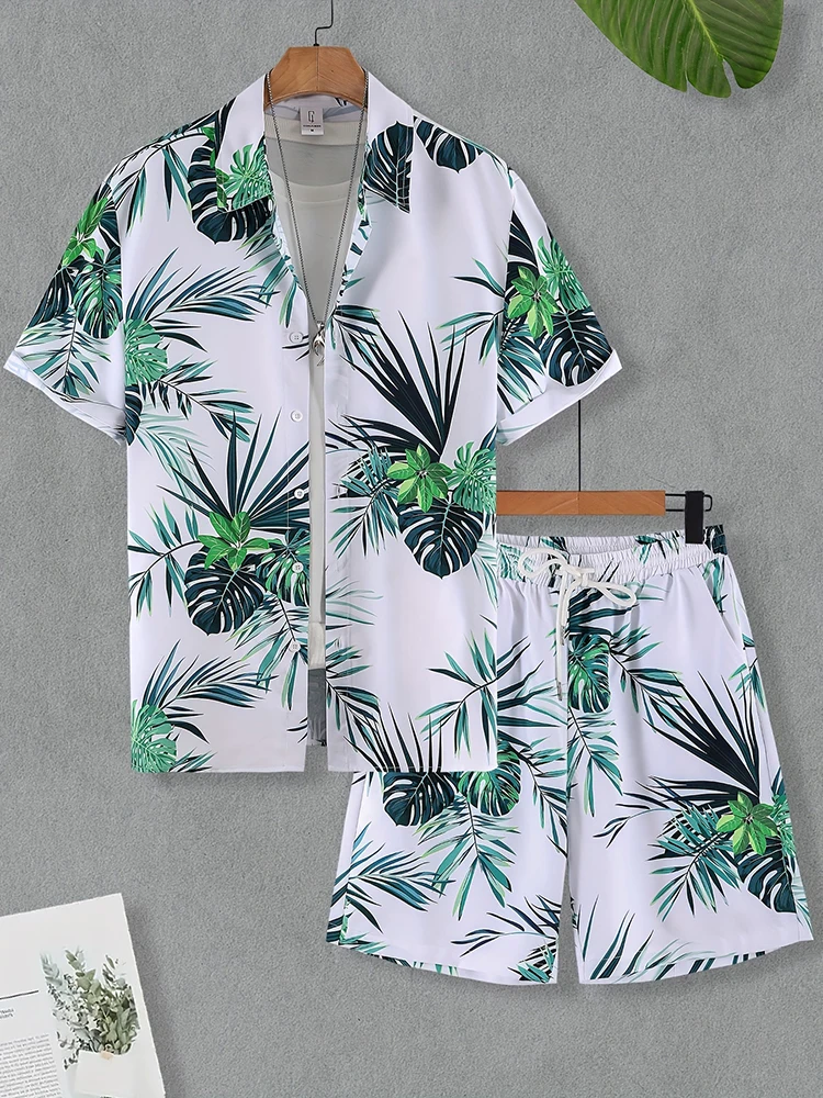 New Palm Leaf Print Men\'s Short Sleeve Shirt + Beach Shorts Set Summer Fashion Men\'s Casual Shirt Hawaiian Men\'s Sports Shorts