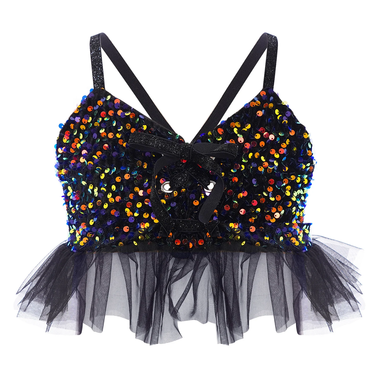 

Kids Girls Jazz Latin Dance Top Shiny Sequins Velvet Spaghetti Straps Tulle Ruffles Camisole Crop Top Stage Performance Costume